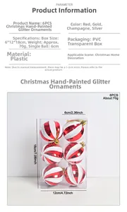 Detailed view of 6-pack glittery red and white striped Christmas ball ornaments in PVC box