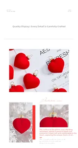 Close-up of red heart-shaped flocked ornaments with elegant gold caps for festive decor