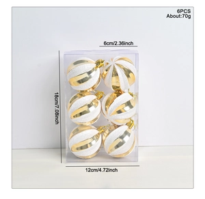 6-piece gold and white striped Christmas ornaments with dimensions and weight specs