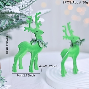 Set of 2 flocked green reindeer Christmas tree ornaments with silver hanging strings
