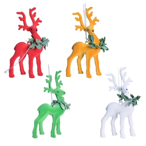 Flocked Christmas elk hanging ornaments in four colors with festive green leaf collars