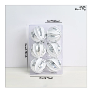 Detail view of 6 silver Christmas balls with glitter stripes and hanging cords in a clear box