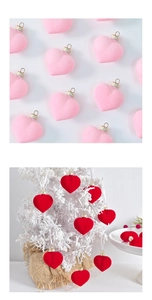 Detail of velvet flocked heart ornaments with golden caps for Christmas tree decor