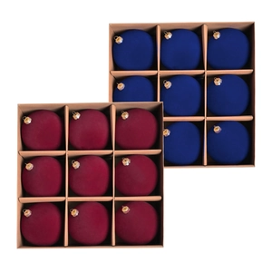 Velvet flocked Christmas ball ornaments in dark blue and burgundy red with gold caps