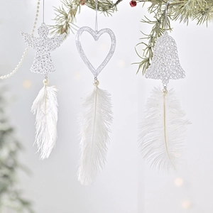 White Glitter Christmas Tree Hanging Ornament Plastic Clear Feather Angel Heart Snowflake Reindeer Bell Decor For Party