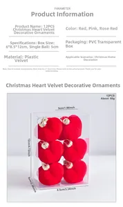 Detail view of 12-piece red flocked heart ornaments with dimensions and specifications