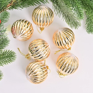Set van 6 gouden en witte kerstballen met glitterstrepen voor de kerstboomversiering
