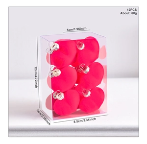 Detailed view of 12pcs flocked pink heart ornaments in packaging with size measurements