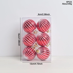 Set van 6 rood-wit gestreepte kerstballen van 6cm in een transparante geschenkdoos