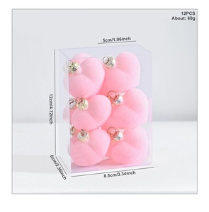 Detail of 12pcs pink flocked heart ornaments with silver rings in transparent box