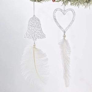 White pearl bead heart and bell ornaments with soft feathers for Christmas tree decor