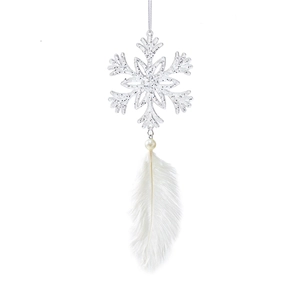 Sparkling white snowflake ornament with elegant white feather and pearl for Christmas tree