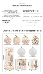 Detailed specs and display of 34-piece champagne gold Christmas tree ornament set