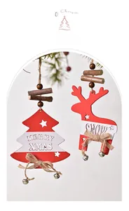Detail of wooden Merry Christmas hanging ornaments with bells and elk designs