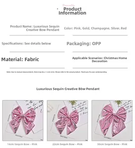 Detailed size chart showing three sizes of sequin Christmas tree bow ornaments