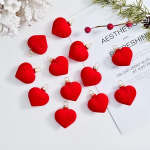 Set of 12 red flocked heart ornaments with gold caps for Christmas tree decoration