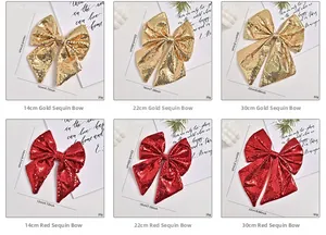 Glitter Christmas tree bows in red and gold colors with detailed size comparison guide
