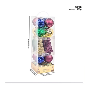 Detailed view of 34-piece Christmas ball set in transparent packaging with dimensions