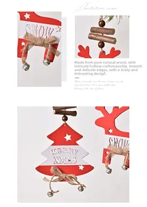 Detail of wooden Christmas ornaments featuring hollow reindeer, bells, and linen bows