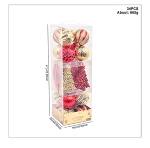 Detail view of 34pcs red and gold Christmas ornaments set in transparent PVC box