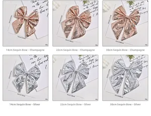 Detailed grid view showing sizes of champagne and silver sequin bows for Christmas decor