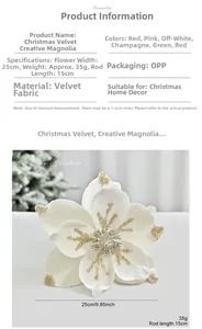 Detailed size parameters of white velvet magnolia Christmas flower with gold glitter accents