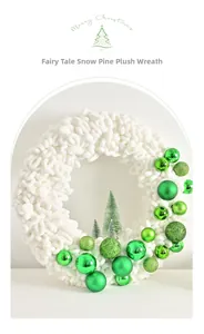 Detail of white plush Christmas wreath with green ornaments and miniature cedar trees