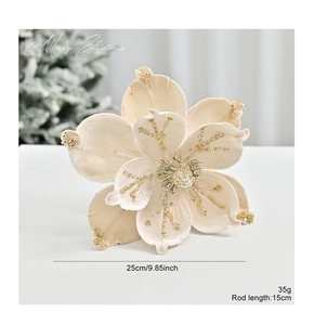 Detailed view of 25cm ivory flocked artificial magnolia with gold glitter and 15cm stem