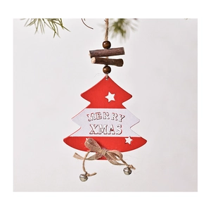 Detail of wooden Merry Xmas tree ornament with stars, twine bow and silver bells
