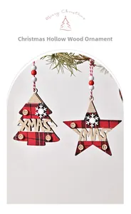 Detail of wooden Christmas ornaments with red plaid and XMAS cutout on pine branches