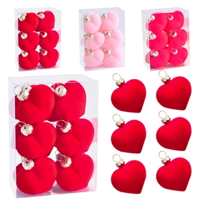 Set of 6 flocked heart ornaments in red and pink with silver metal hooks for Christmas