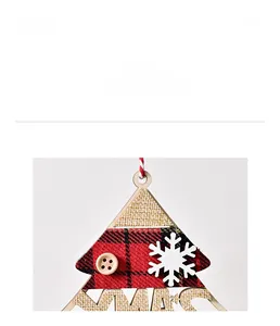 Detail of wooden Christmas tree ornament with red buffalo plaid fabric and XMAS burlap patch