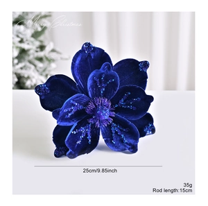 Detail of 25cm dark blue velvet poinsettia Christmas flower with glittering sequins and petals