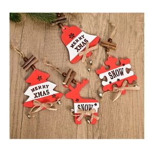 Set of rustic red and white wooden Christmas ornaments with Merry Xmas text and jute bows