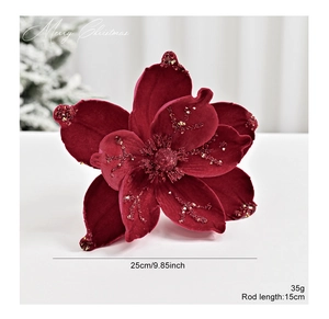 Detailed view of 25cm burgundy velvet Christmas flower with gold glitter and sequins
