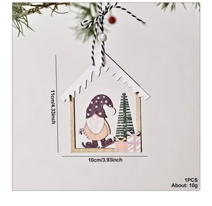 Detail of wooden house-shaped Christmas gnome ornament with rope and bead hanger