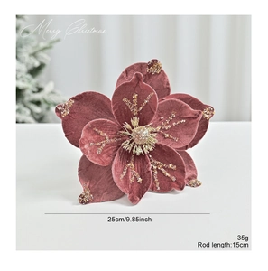 Detail view of a 25cm velvet artificial Christmas magnolia flower with gold glitter edges