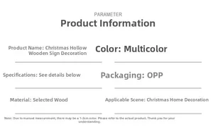 Detailed parameter table for Christmas wooden pendant showing materials and size specs