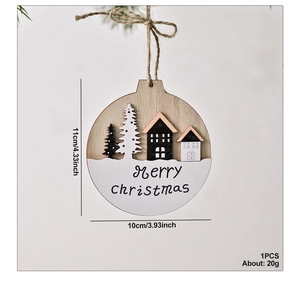 Detail of wooden Christmas tree ornament with laser-cut house and rustic pine accents