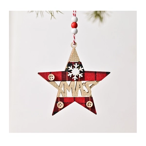 Star-shaped wooden Christmas ornament with red plaid fabric and golden XMAS engraving