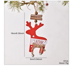 Detail of red wooden reindeer ornament with SNOW lettering and rustic burlap bow