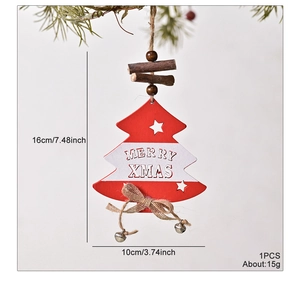 Close-up of wooden Merry Xmas tree ornament with red accents, rustic twine, and small metal bells