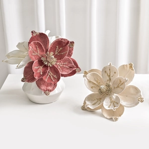 Christmas Velvet Magnolia Artificial Flowers Glitter Poinsettia Ornaments For Tree Wedding Party Home Window Decoration