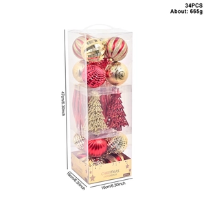 34PCS red and gold Christmas ornaments set with assorted textures in a clear gift box