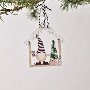 Nordic Style Wooden Christmas Tree Hanging Ornaments Hollow House Round Shape Gnome Pattern Wood Slices Holiday Home Decor