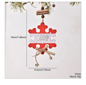 Detail of wooden snowflake ornament with SNOW cutout, jute bow and small metal bells