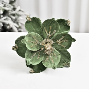 Deep green velvet magnolia flower ornament with gold glitter for Christmas decor