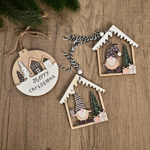 Three-piece wooden Christmas tree ornaments featuring houses and Merry Christmas signs