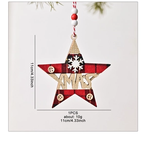 Star-shaped wooden Christmas ornament with red-black buffalo plaid and Xmas镂空 detail