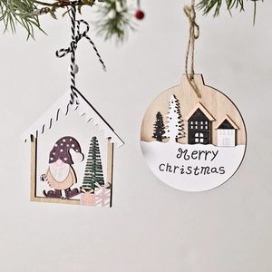 Creative wooden Christmas tree pendants featuring hollow house and forest gnome designs